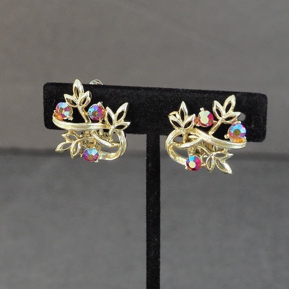 Coro Jewelry - Coro Clip On Earrings Leaf Spray Gold Tone Aurora Borealis Rhinestone Vintage
